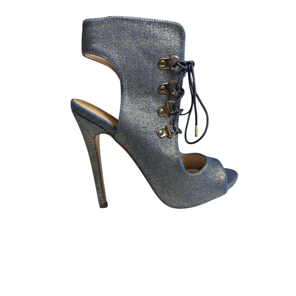 Shoe Dazzle NWOT S 7.5 Metallic denim lace up stiletto heels y2k glam  peep toe